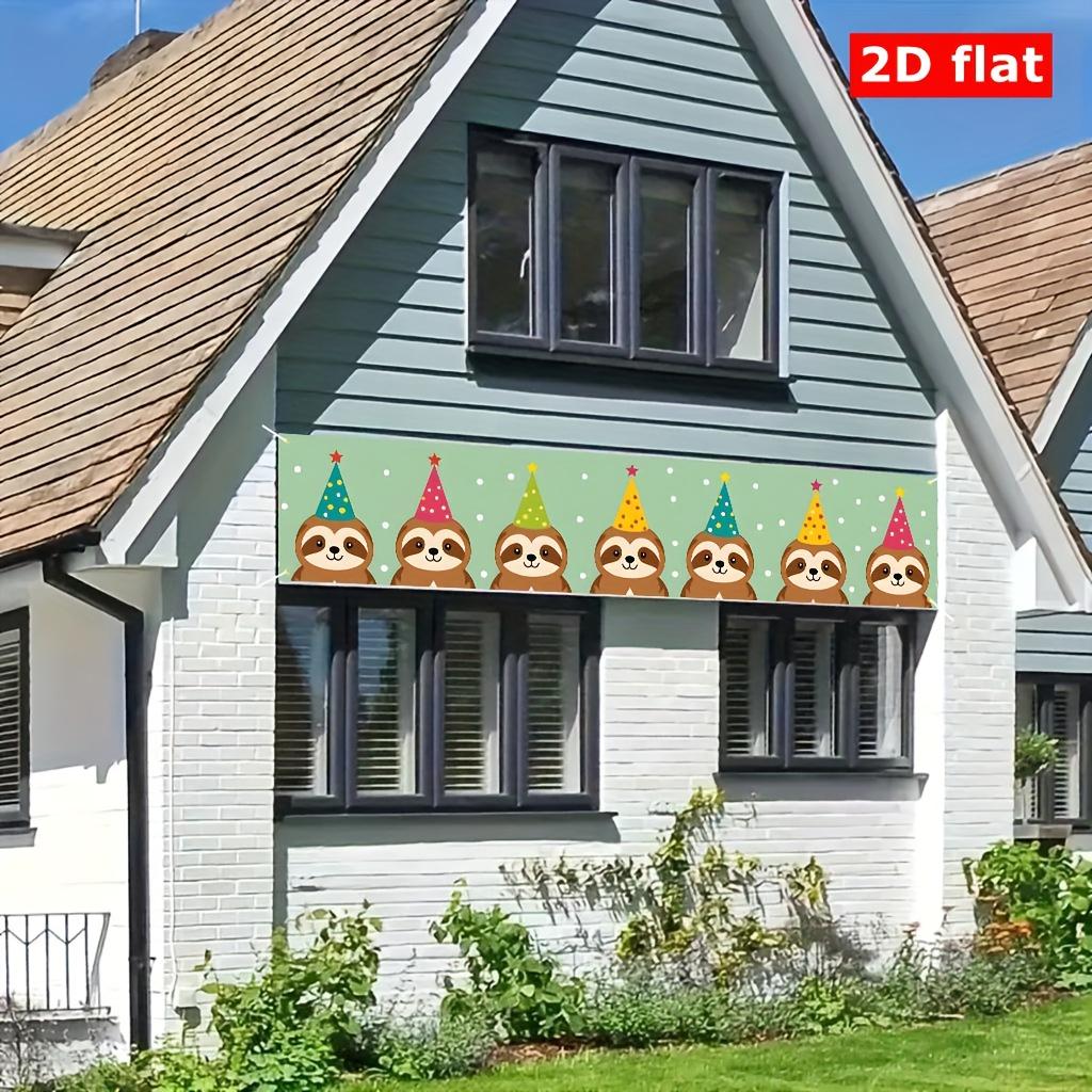 Group of Cartoon Sloths Wearing Party Hats Banner, Outdoor Backdrop Design, Polyester Birthday Anniversary Balcony Garden Decoration