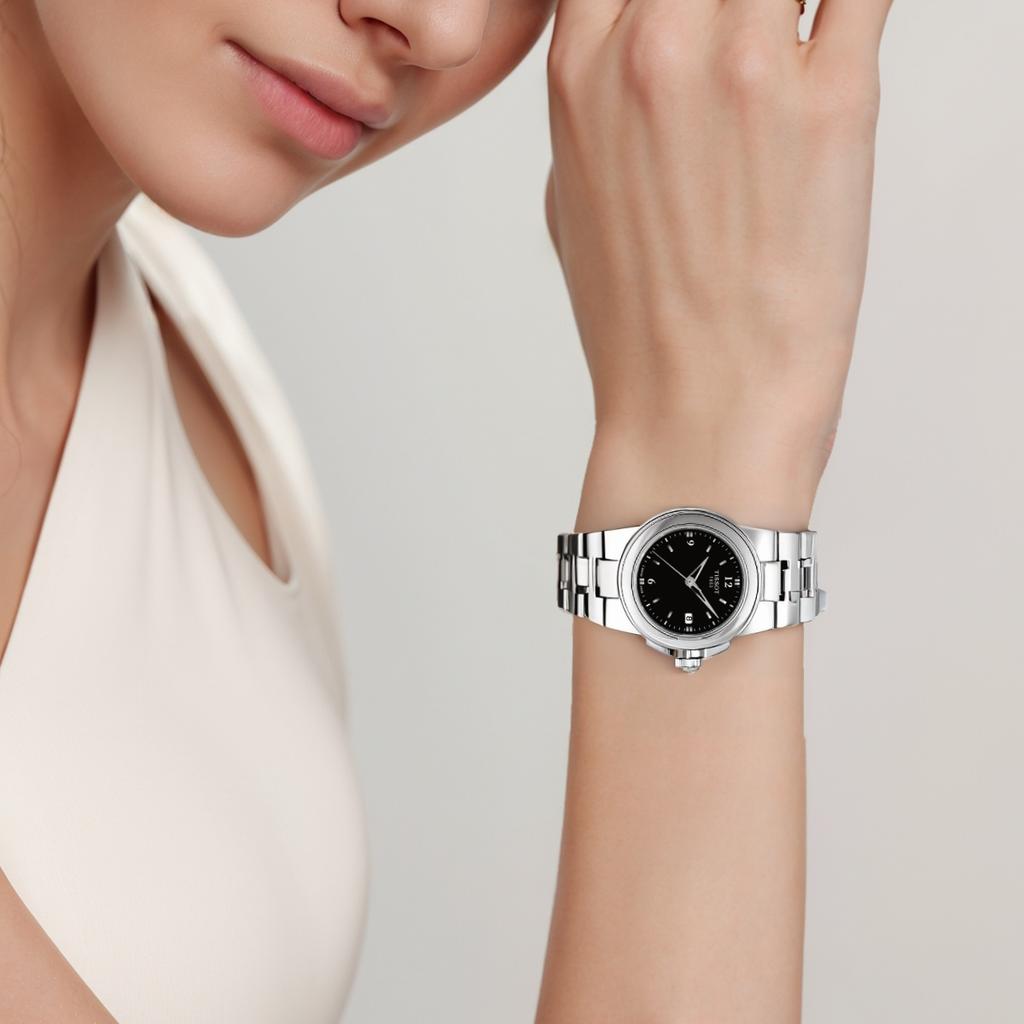 Tissot Кварцевый механизм 50 метров Водонепроницаемость Женские часы 31,5 мм Черный циферблат Корпус из нержавеющей стали T080.210.11.057.00