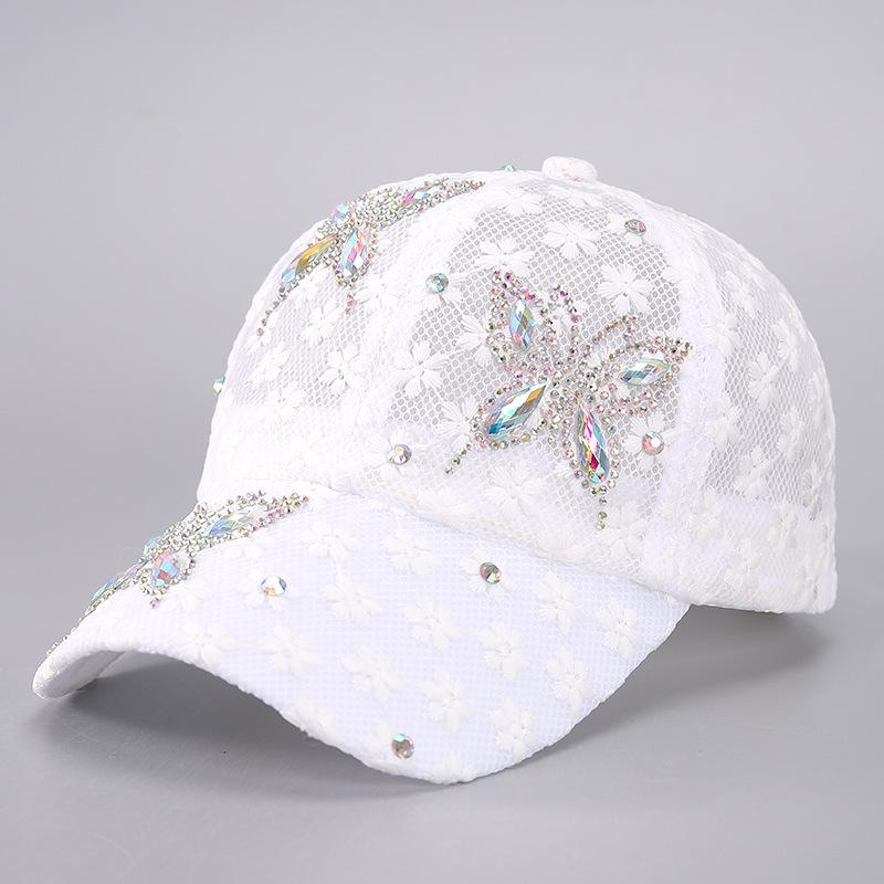 Lace Rhinestone Butterfly Baseball Cap Elegant Mesh Breathable White Sports Hats Adjustable Women Trucker Hats