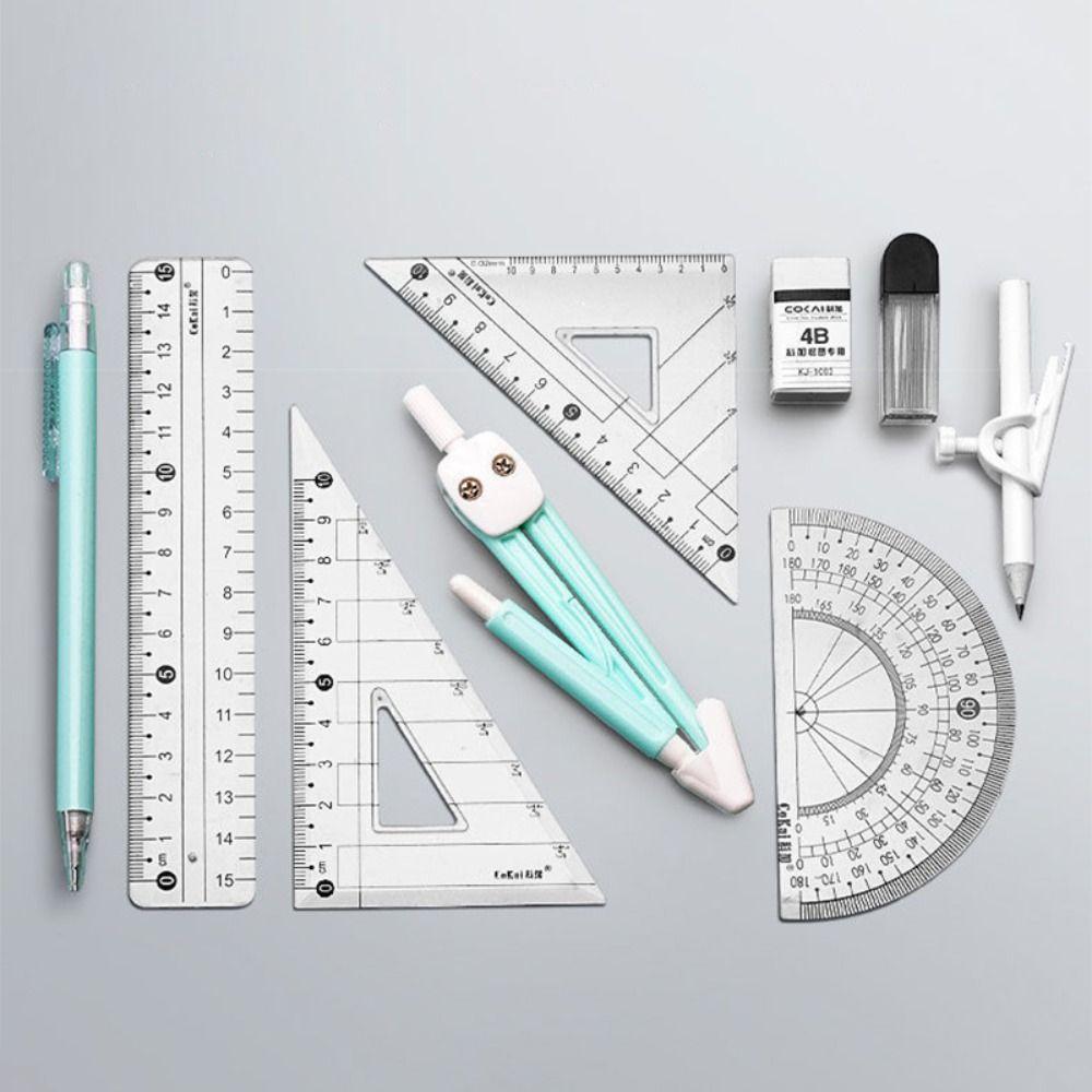 9PCS/Set Eraser Ruler Set Transparent Measuring Ruler Multi-Function Protractor School Office