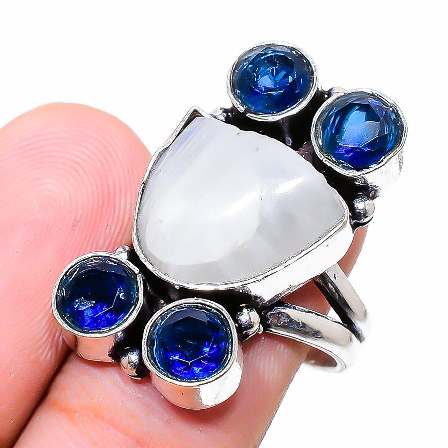 Rainbow Moonstone, Topaz 925 Sterling Silver Jewelry Ring Size 6.5 S2F44