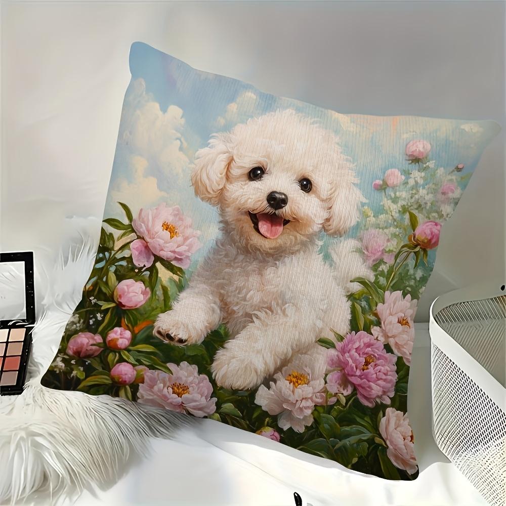 Cute White Poodle Pillow Cover Oil Painting Print Cushion Case Pet Lover Peony Flower Home Decor Gift
