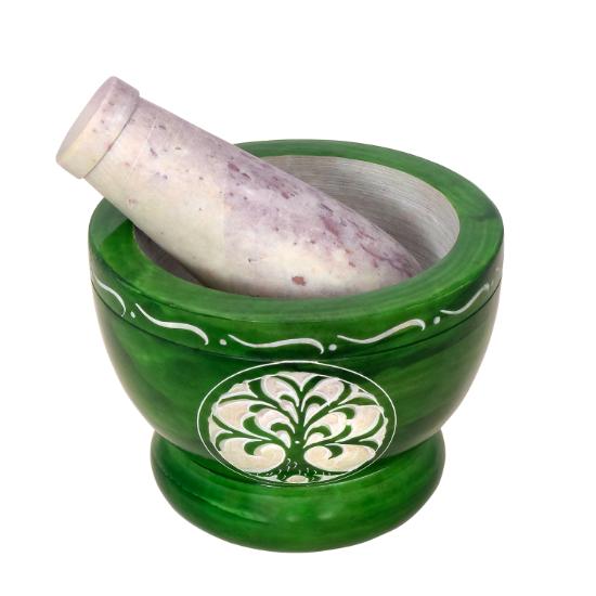Divit Shilp Mortar and Pestle, Natural Stone Grinder for Spices, Pastes, Herbs, Seasoning etc. (Green Tree of Life)
