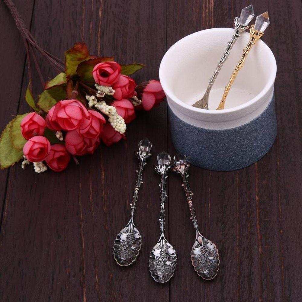 Retro Style Leaf Spoon Crystal Head Ice Cream Spoon Portable Coffee Spoon