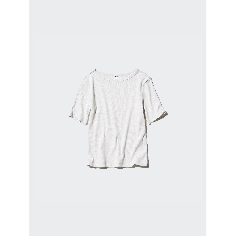 Uniqlo Японская ребристая футболка с вырезом «лодочка» и рукавом 5 минут