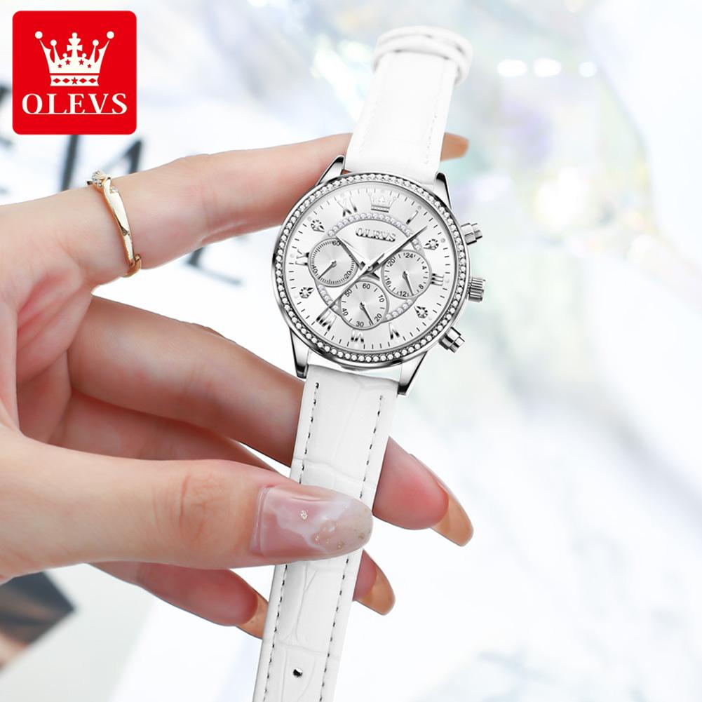 Women's Watches Fashion Elegant Diamond Bezel Watch for Ladies Soft Leather Strap Waterproof Luminous Chronograph