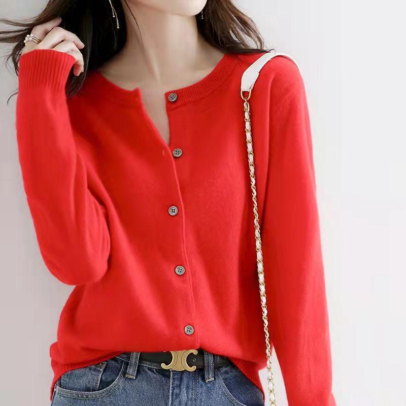 2023 Autumn/Winter Women's Korean-Style Camel Cardigan, Round Neck, Single-Breasted Knit Sweater.