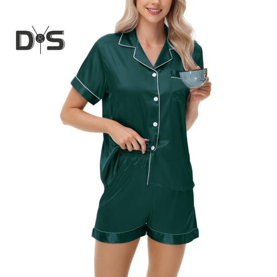 Пижамный костюм из 2 предметов, атласный однобортный кардиган, рубашка с V-образным вырезом, воротником-стойкой, однотонная рубашка с нагрудным карманом, свободные шорты, ночная рубашка, одежда для сна