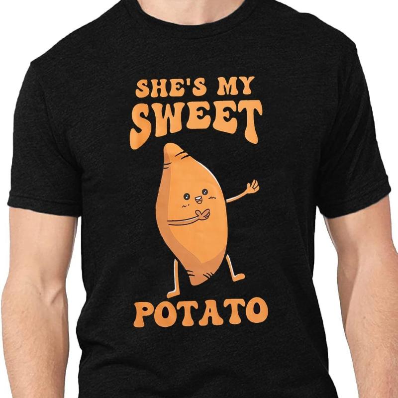 Shes My Sweet Potato Yam Cotton TShirt Thanksgiving Matching Couples Shirts for Husband and Wife Funny Casual Short Sleeve Top