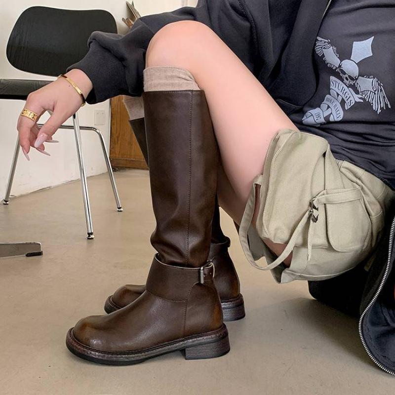 Женские кожаные ботинки на среднем каблуке, кожаные, большого размера, с задней молнией, на толстой подошве, нескользящие, с высоким голенищем, универсальные ботинки Мартин для осени и зимы