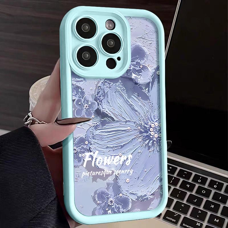 Мягкий чехол для телефона из термополиуретана конфетного цвета для iPhone 16 Pro 15 14 Plus 13 12 11 Pro Max Xs Xr 8 7, противоударный, рельефный, с синим цветочным узором, защитная крышка для объектива