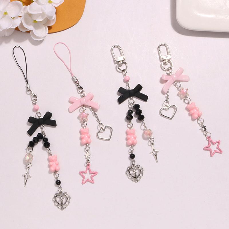 Goth Y2K Phone Charm Bow Keychain Pendant Kawaii Key Chain Bag For Girls Women Guitar Strap Lanyard Beaded Keychain Pendant