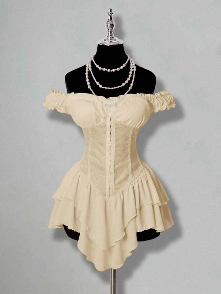 Off-Shoulder Jacquard Patchwork Ruffled Chiffon A-line Mini Dress