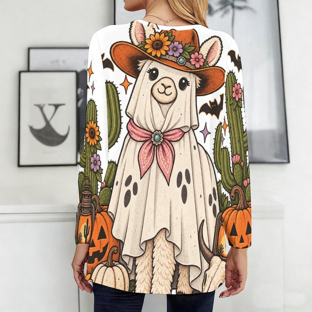 Women Plus Size Cream White Round Neck Long Sleeve Printed Loose Longline T Shirt With Pockets