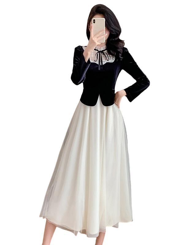 Французское ретро-платье из бархата с многослойной юбкой для весны и осени