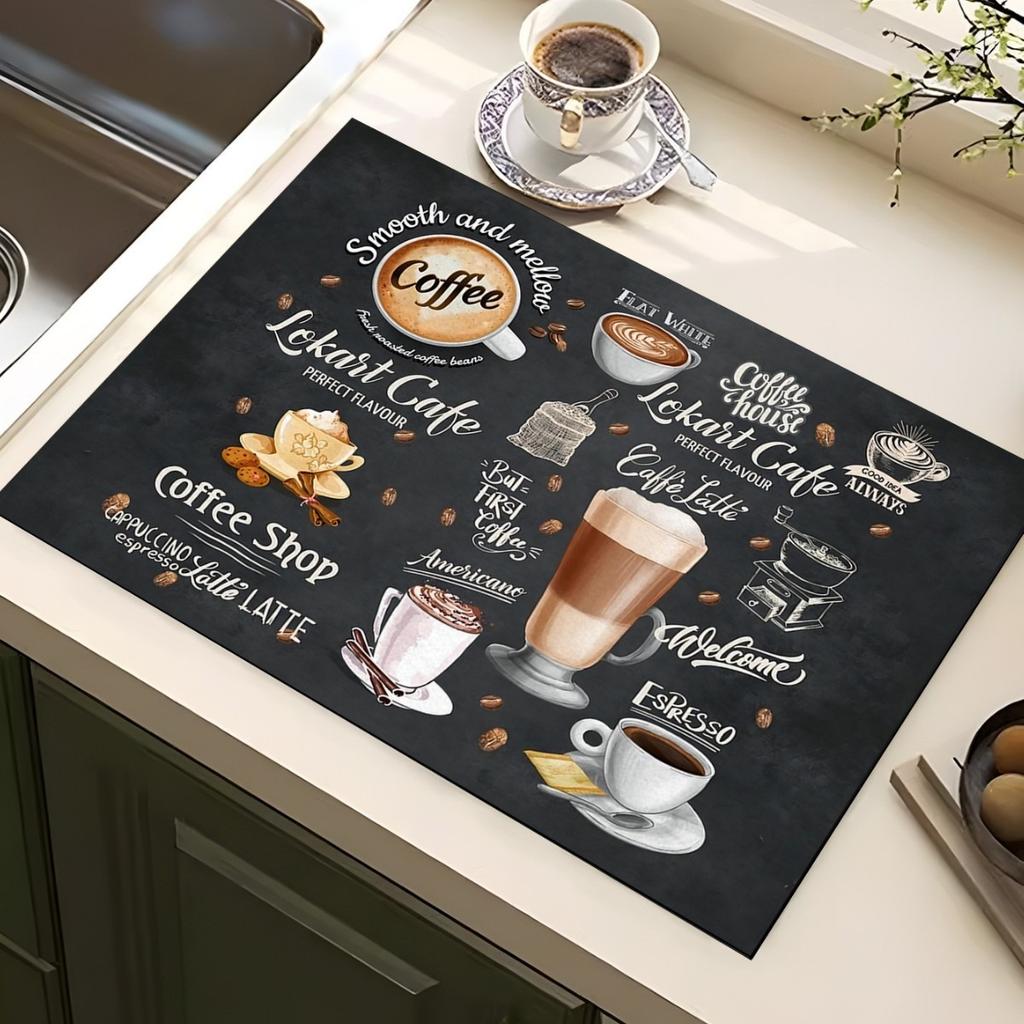 Классический кофейный дизайн Коврик для сушки посуды Мягкая резина Нескользящий Впитывающий Полиэстер Устойчивый к пятнам Для кухни Кофейный бар Столешница