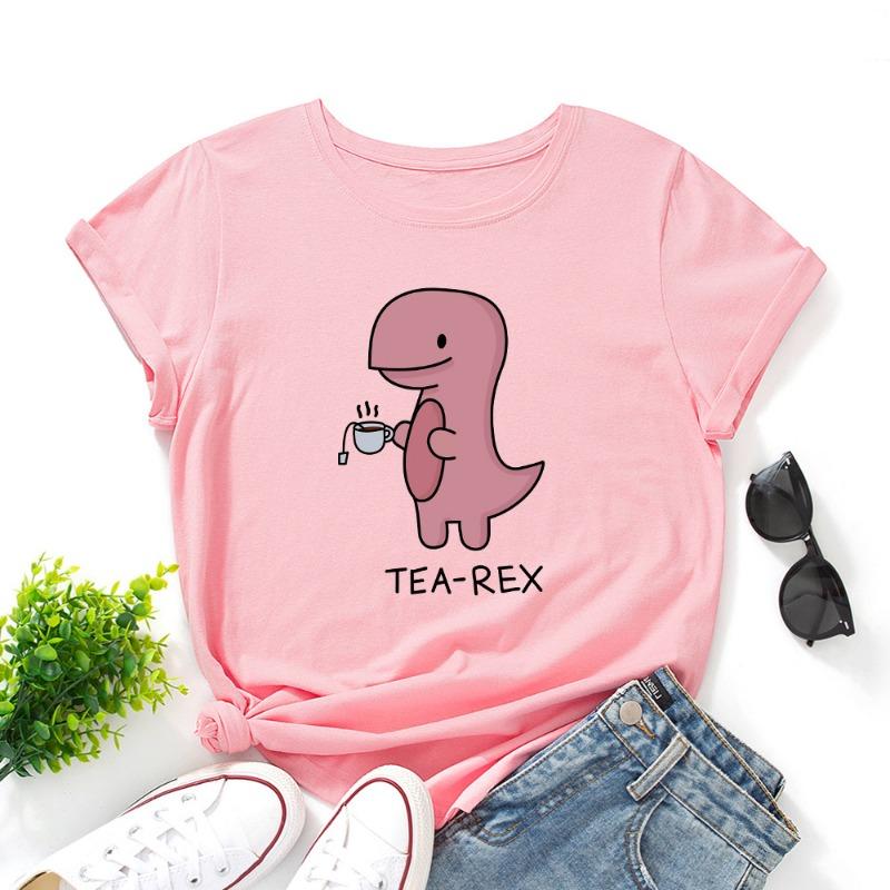 Summer Women's Pink Printed Dinosaur Pure Cotton Loose Round Neck Short Sleeved T-Shirts Women’s