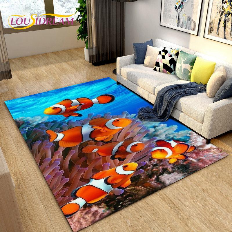 Подводный мир Морское дно Рыба Дельфин Коврик Большой, Коврик для гостиной Спальня Диван Коврик Кухня, Нескользящий напольный коврик