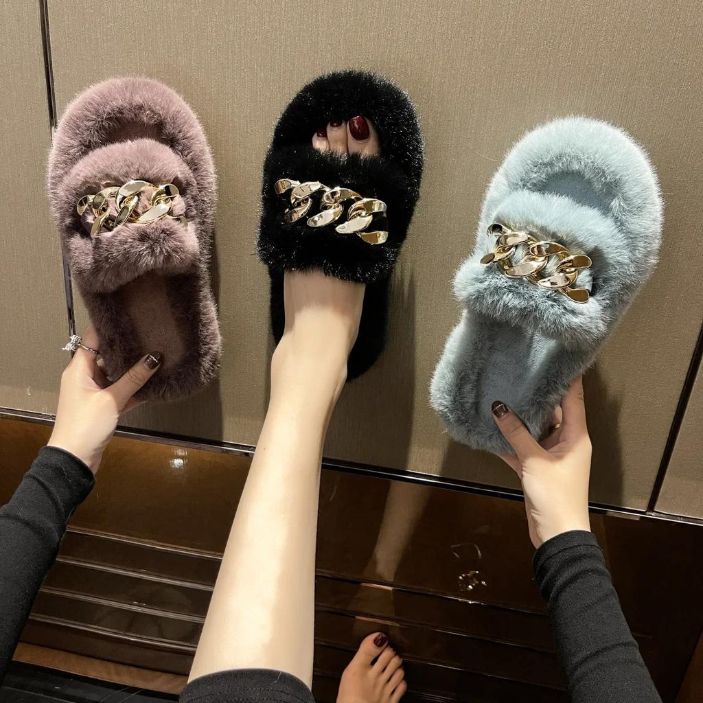 Зимние тапочки женские цепочные толстые подошвы плюшевые тапочки модные женские уличные теплые тапочки на плоском каблуке