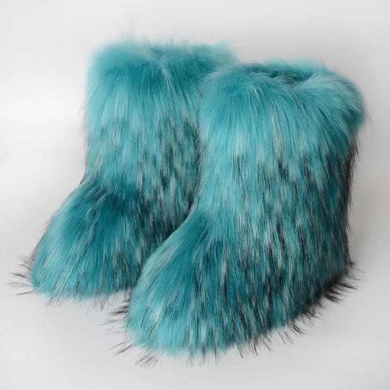 2024 Winter Boots Fluffy Fur Snow Boots High Quality Furry Faux Fox Fur Mid-calf Boots Ladies Sexy Warm Cotton-padded Shoes