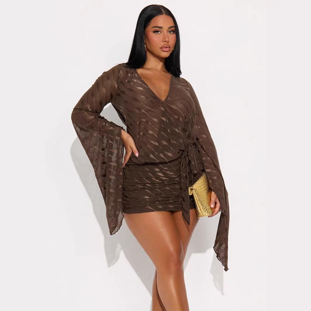 Autumn European and American style new fashion temperament sexy deep V wavy horn sleeve slim hip wrap dress