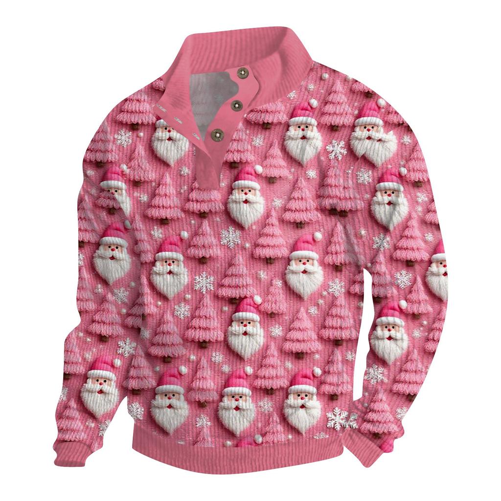 Men's Christmas Cotton Pullover Long Sleeve Outdoor Shirt Vintage Corduroy Button Stand Collar Shirt Casual Sweatshirt Christmas Print Top