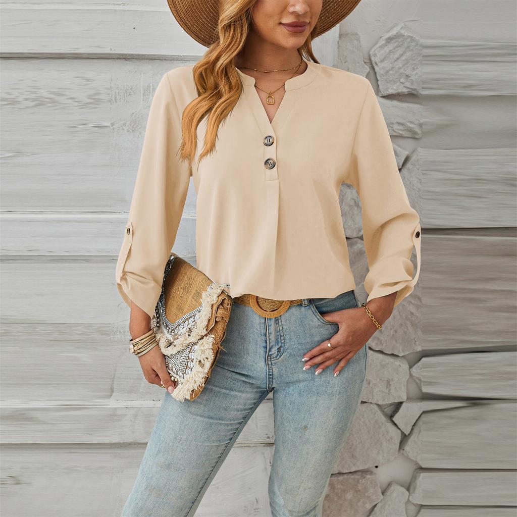 Women's Casual Button V-Neck Solid Color Long Sleeve Top