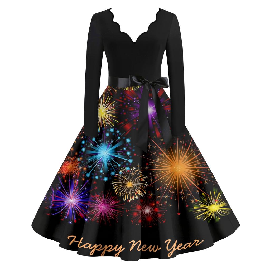 Женское повседневное модное платье винтажного стиля с V-образным вырезом и новогодним принтом