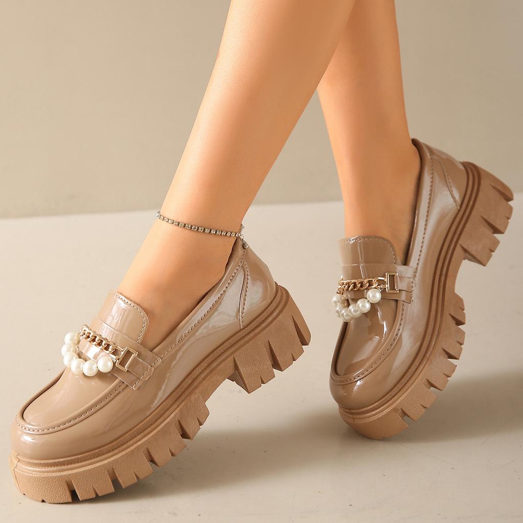 Женские туфли Новые кожаные туфли на толстой платформе с жемчужным украшением Туфли-лодочки без застежек Милые туфли Мэри Джейн