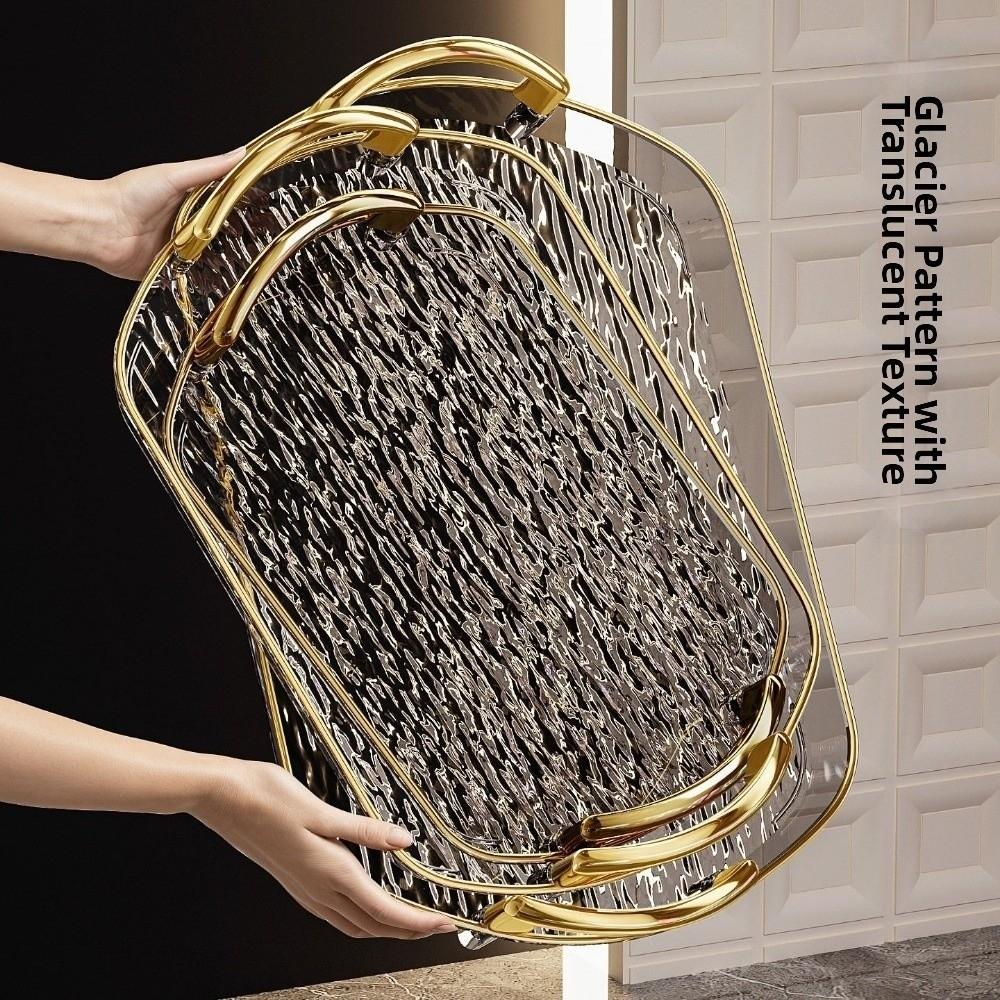 Rectangular Clear Luxury Tray Gold Rim Dining Tea Serving Platter Decorative Tray Home Decor