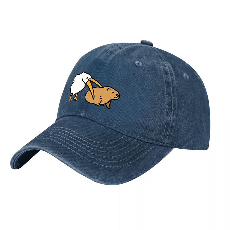 Washed Cotton Baseball Cap with Humorous Pelican and Beaver Design Unisex Adjustable Hat for Outdoor Activities and Casual Wear