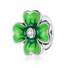 BISAER 925 Silver Four Leaf Clover Charm Bead Green CZ Pendant Safety Chain Fit Lucky Women DIY Bracelet Fine Jewelry