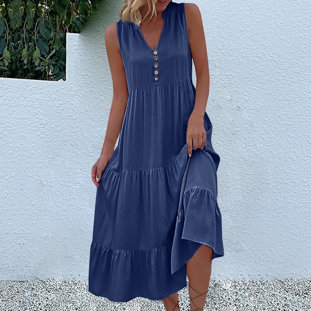 Women's Fashion Sleeveless Pleated Loose V-Neck Mid-Length Solid Colour Dresses