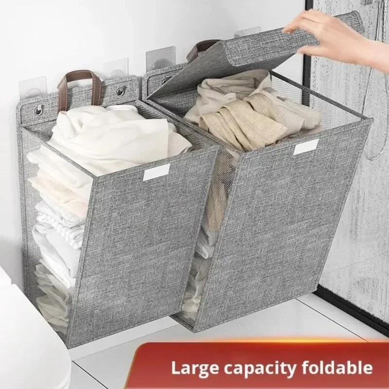 Adhesive Laundry Basket Hamper, Multifunctional Punch Free Wall Hanging Washing Clothes Mesh Hook Organizer 1Pc Foldable