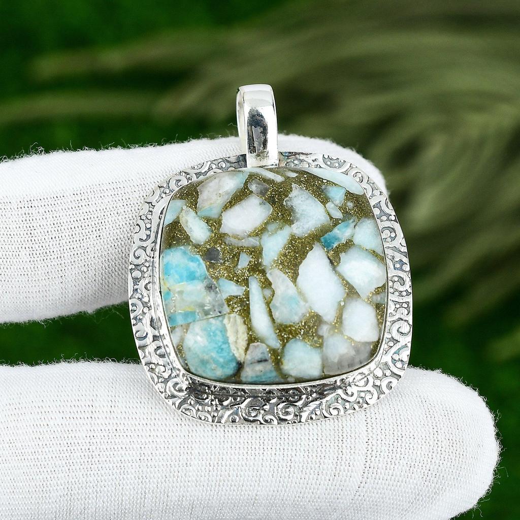 Natural Copper Amazonite Gemstone Pendant 925 Sterling Silver Indian Jewelry