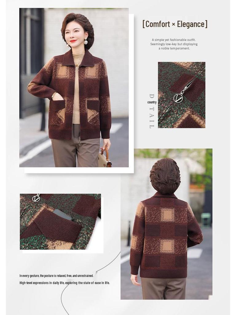 Клетчатый кардиган на молнии с лацканами из корейского бархата для женщин среднего и пожилого возраста – осенне-зимнее трикотажное пальто