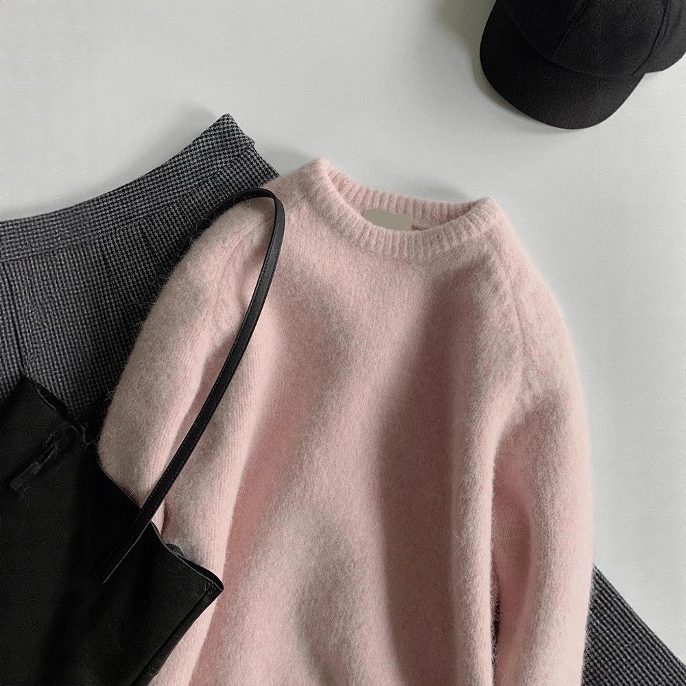 Pink Wool Knit Sweater: Women’s Loose, Soft, Long Sleeve Pullover - Simple, Sweet, and Trendy.