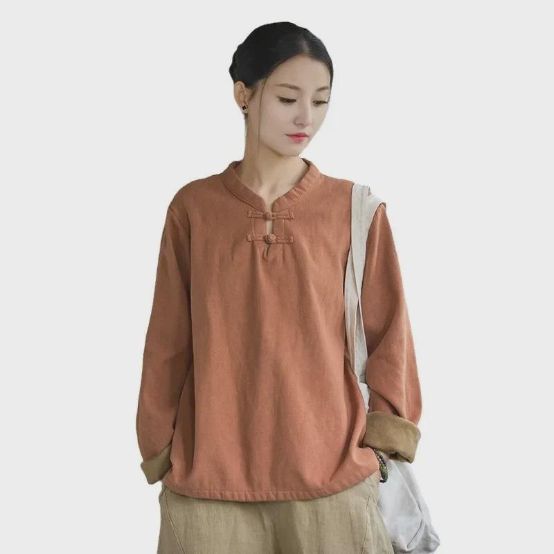 Женская рубашка из хлопка и льна в стиле ретро: Футболка весна/лето из бархата с пуговицами