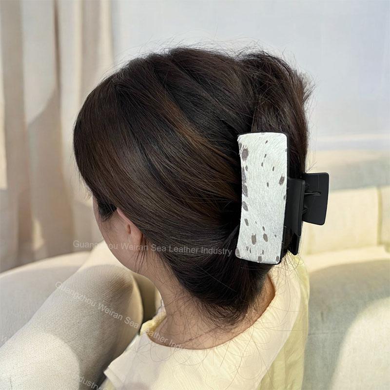 Horsehair Leather American Cow Boy Style Hair Claws Fashion Leopard Pattern Retro Rectangle Hair Clips