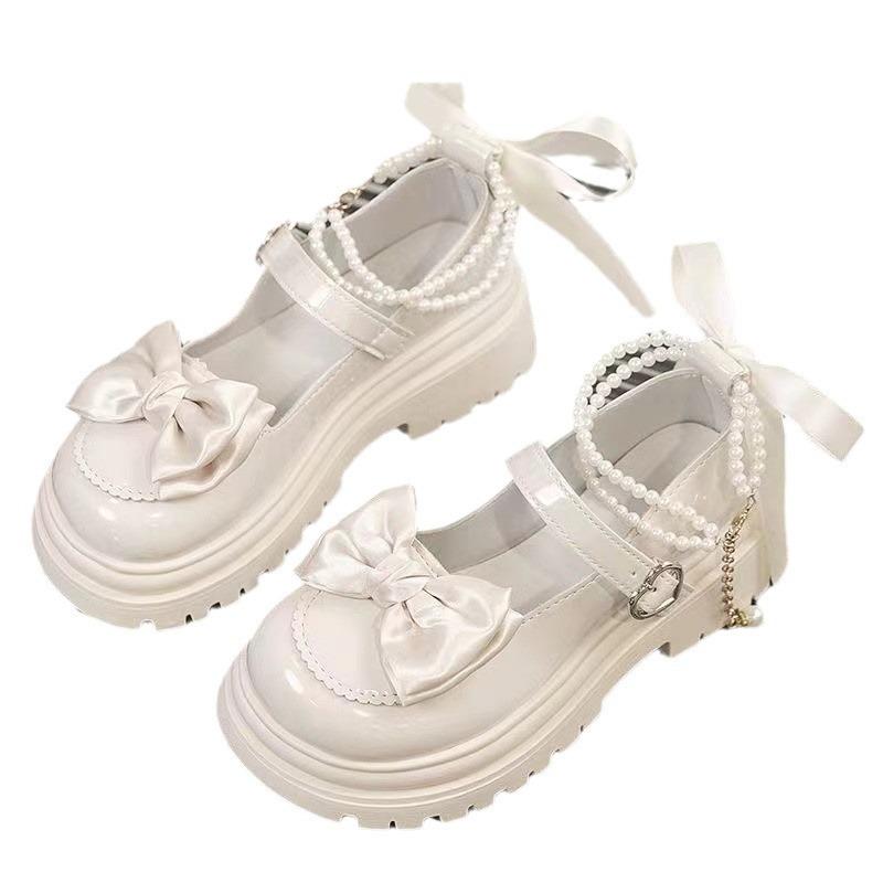 Туфли в стиле Лолита с пряжкой в форме сердца, женские туфли Мэри Джейн с бантом и цепочкой из жемчуга, женские туфли из искусственной кожи с толстой подошвой, туфли-лодочки для вечеринок Mujer Zapatos