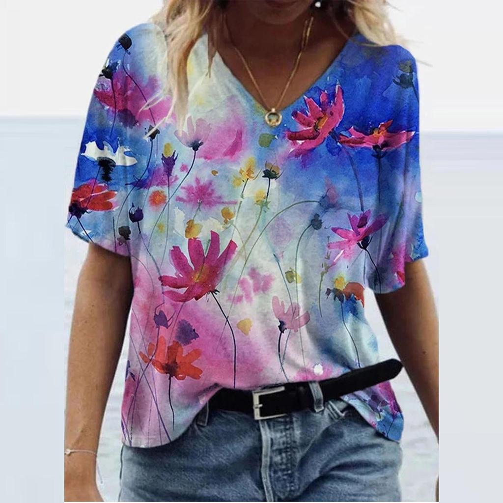 Fashion Spring Flower Print Blouses Short Sleeved V-Neck T Shirts Casual