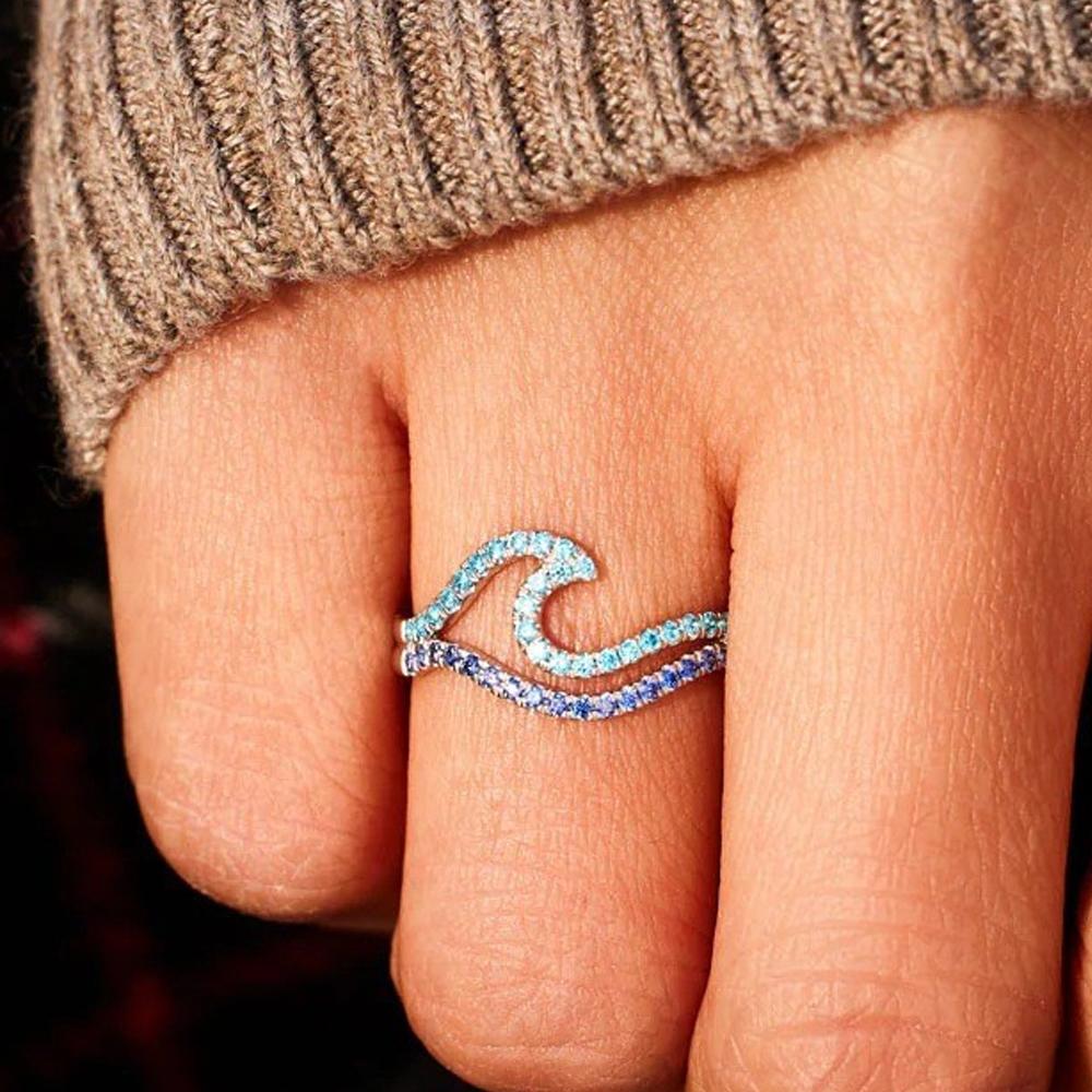 Cubic Zirconia Blue Double Wave Ring Simple Design Sea Wave Adjustable Rings Trendy Ocean Surf Jewelry Gift Wholesale
