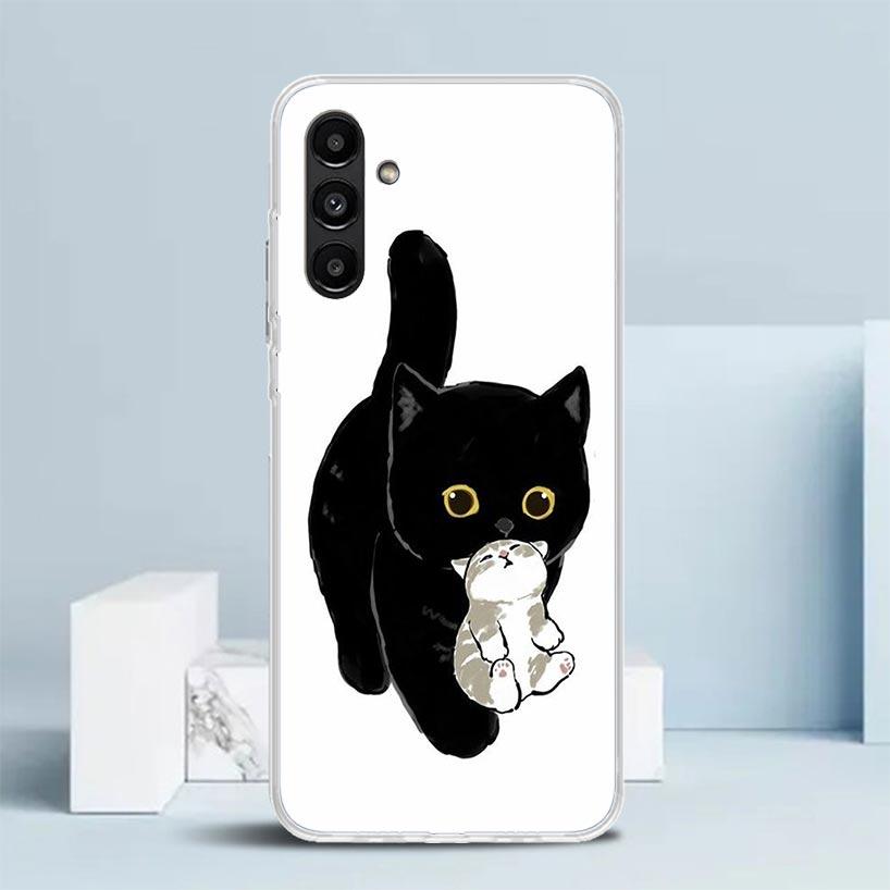 Мультяшный Милый Черный Кот Чехол Для Телефона Для Samsung Galaxy A17 A37 A57 A16 A15 A14 A13 A56 A55 A54 A53 A36 A35 A34 A33 A26 A25 A24 A23