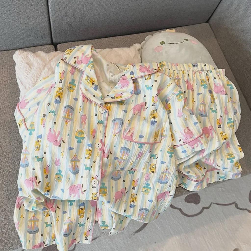 2024 Милый мультяшный женский хлопковый пижамный комплект - летний с короткими рукавами и шортами