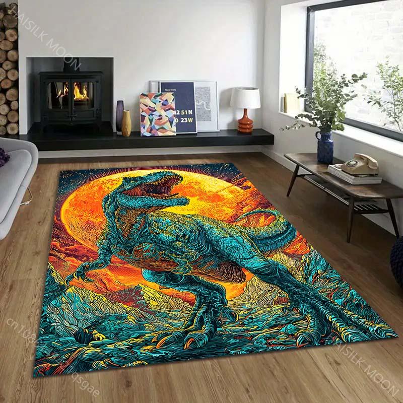 1PC Dinosaur Roaring with Full Moon Print Carpet Rug for Living Room Bedroom Sofa Doormat Home Decor Non-slip Floor Mat