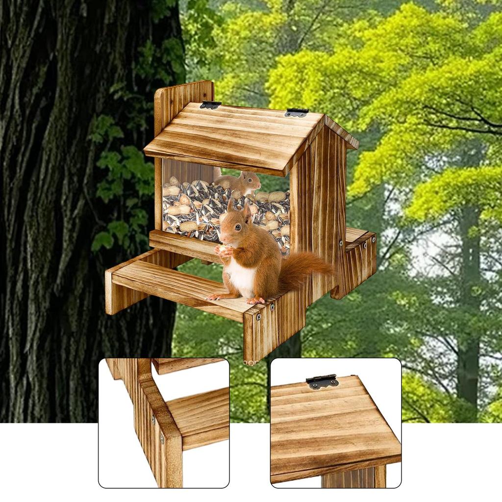 Squirrel Feeder Wood Hanging Pet Food Feeder Bird Proof Weatherproof Outdoor Feeding Box for Garden Patio Chipmunks