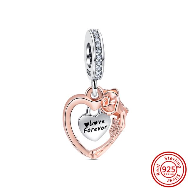 Серебро 925 пробы Love Forever с открытым сердцем, розами, перьями и крыльями, вращающиеся висячие бусины, подходят для подвесок, браслетов, ювелирных изделий