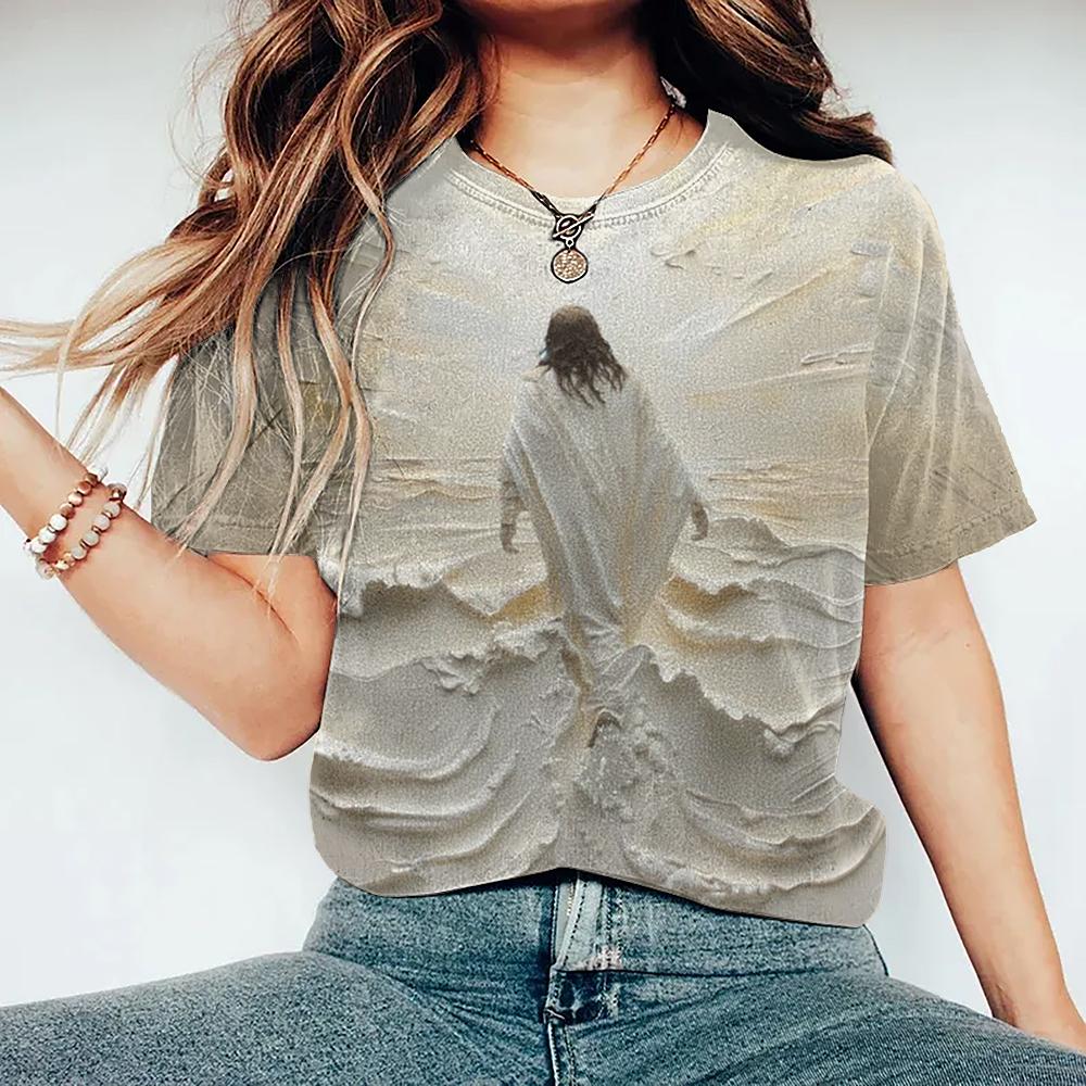 Women's retro T-shirt, cross printed T-shirt, Jesus retro T-shirt, round neck casual short sleeved, loose summer T-shirt