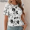 Женские модные повседневные летние весенние блузки и рубашки с цветочным узором и коротким рукавом с круглым вырезом