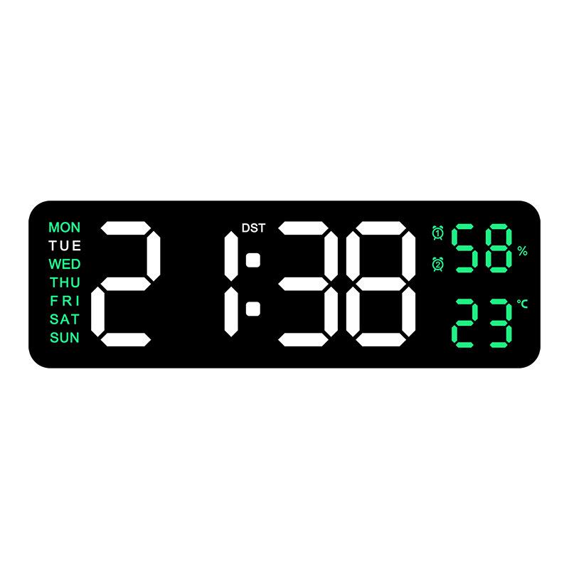 USB Powered 9 Inch Large Digital Wall Clock Temperature Humidity Week 2 Alarm Auto Dimmer Snooze 12/24H DST Desk LED Alarm Clock